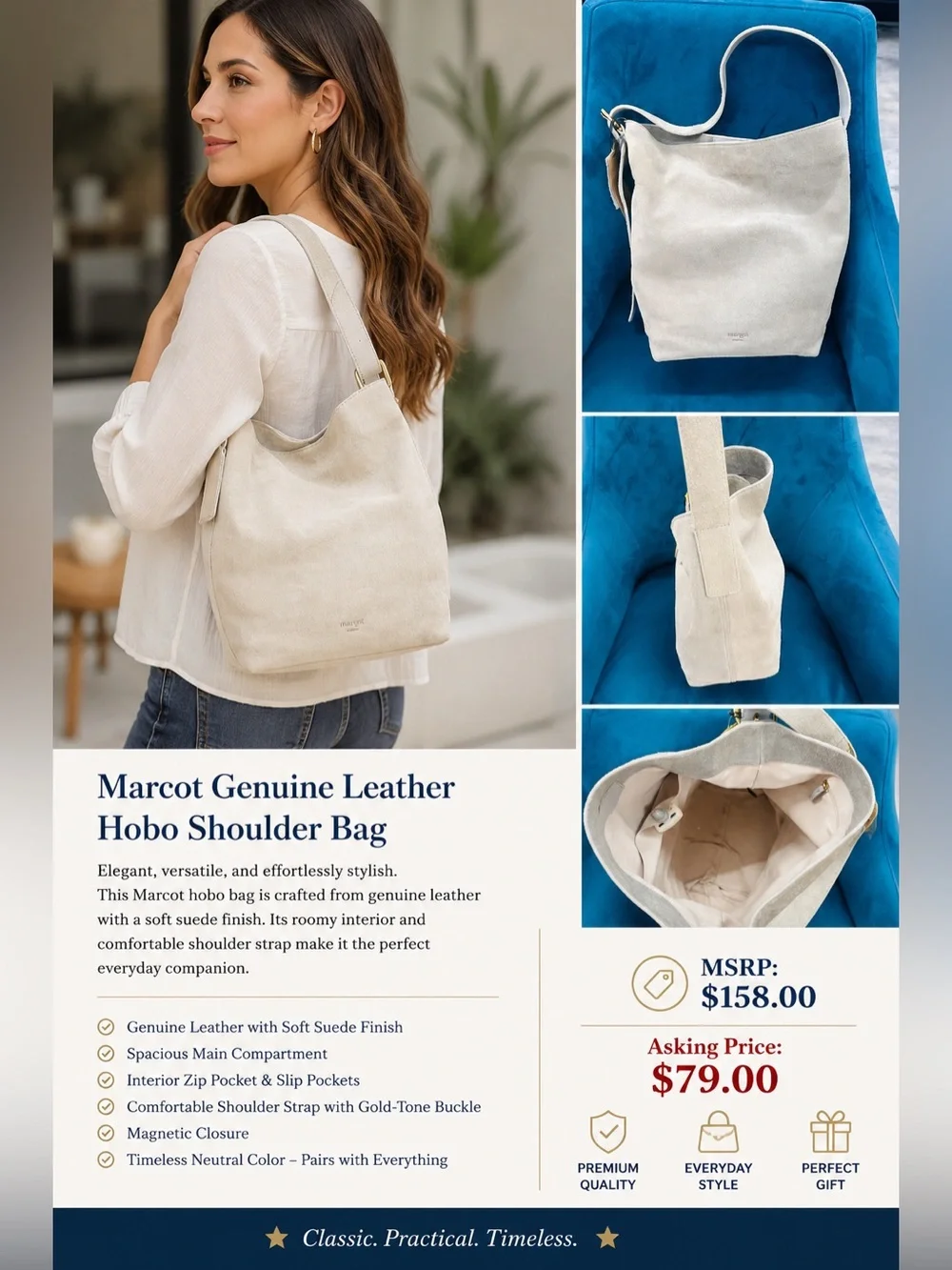 Genuine Leather Hobo Shoulder Bag in Neutral Cream